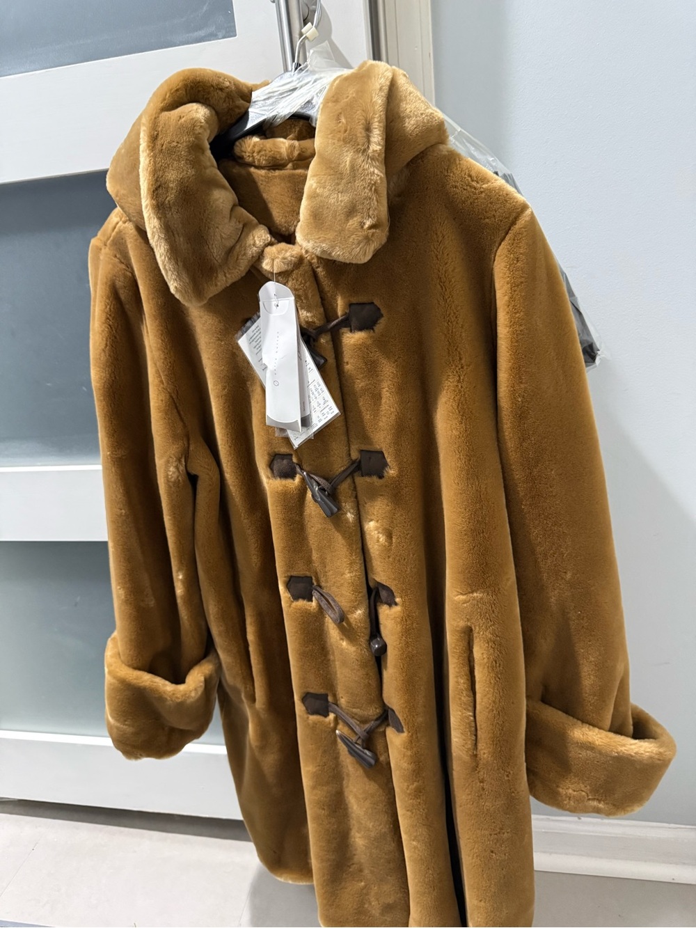 Dennis Basso Plush Hooded Toggle Coat in Camel Brown
